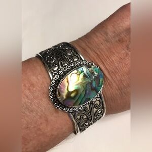 Abalone Stamped 925 Sterling Silver Cuff Bracelet